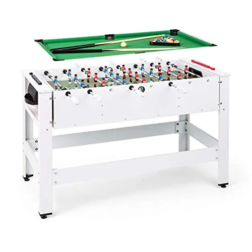 Klarfit Spin 2 in 1 - Calcio Balilla e Tavolo Multigioco Adulti, Biliardo: 105x58 cm, Rivestimento Verde, Biliardino, Accessori Inclusi, Tavolo da Gioco Rotante per rapido Cambio Gioco, Bianco