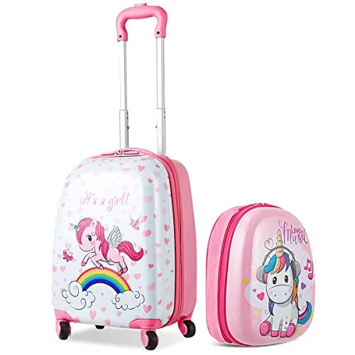 COSTWAY Set di Valigia Trolley per Bambini + Zaino, Bagaglio a Mano, con Ruote Girevoli a 360 °, Perfetto per Viaggi e Scuola, Rosa Unicorno