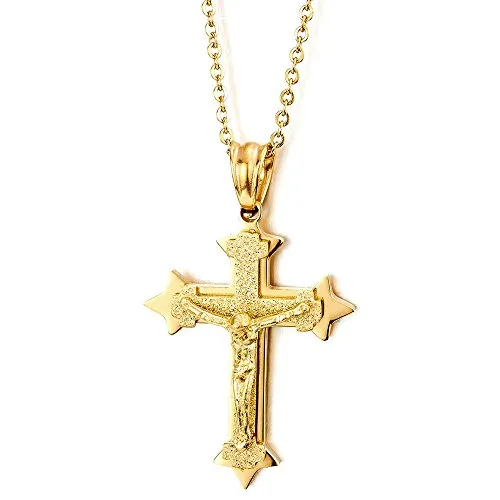 COOLSTEELANDBEYOND Piccolo Tre Strati Oro Colore Gesù Cristo Crocifisso Croce Ciondolo, Acciaio Collana con Pendente da Uomo Donna