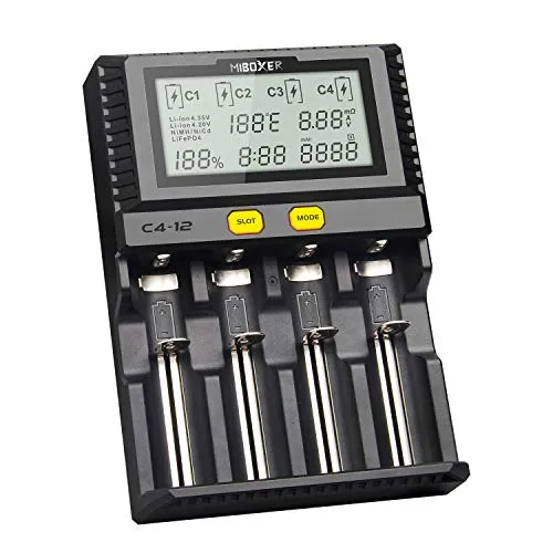 MiBOXER C4-12 Smart Battery 18650 265650 Caricabatterie Schermo LCD a 4 Slot 3,0 A/Slot 12A Totale per batterie Ricaricabili Li-Ion/IMR/INR/ICR/Ni-MH/Ni-CD(Nessuna Batteria Inclusa)