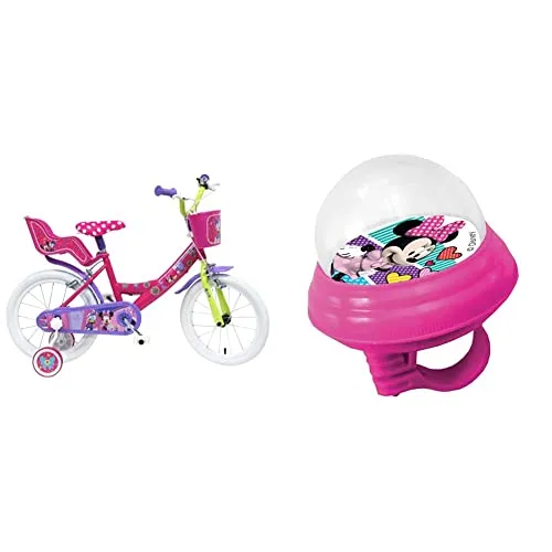 Disney 13128 Minnie-Bicicleta 16'', Multicolore, & Minnie, Campanello Squeezy Bambina, Fucsia, Universale