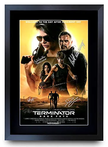HWC Trading A3 FR Terminator Dark Fate The Cast Arnold Schwarzenegger Gifts, poster stampato con autografo per fan di Memorabilia – A3 incorniciato