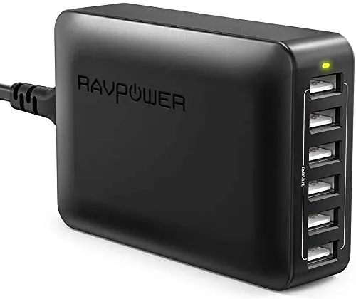 RAVPower Caricatore da Muro da 60W con 6 Porte USB + Stazione di Ricarica (Ricarica iSmart, Compatibilità Universale, da 100V a 240V, Triplo Meccanismo di Protezione, Indicatore LED)