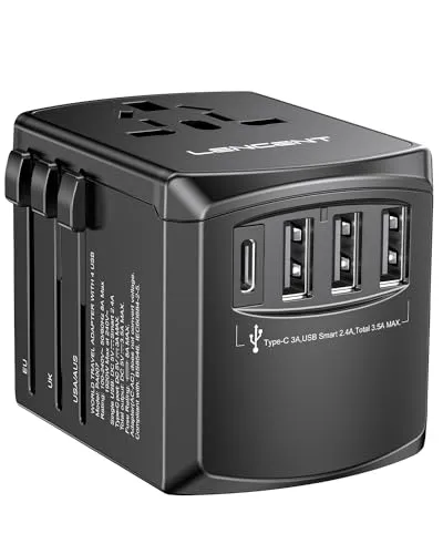 LENCENT Adattatore Universale da Viaggio, Caricatore Internazionale con 3 USB e 1 Tipo-C e Presa AC Ricarica, Adattatore Spina Universale per EU USA UK AUS, Caricabatterira USB per Telefono -Nero