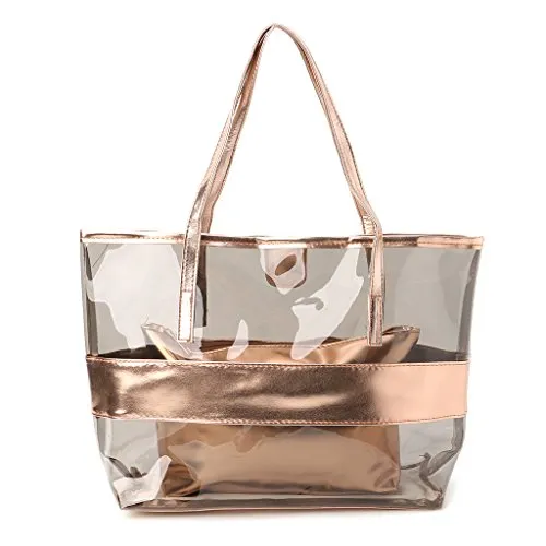 LANDUM Borsa da donna trasparente per acquisti, da spiaggia, borsa grande con tracolla, rosa acceso, Champagne, 38x11x32cm/14.96x4.33x12.6"