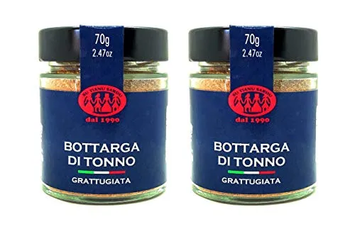 Bottarga di Tonno pinna gialla grattugiata Su Tianu Sardu - 2 confezioni da 70g - Lavorata a mano in Sardegna, Italia - Uova di tonno salate e essiccate - Caviale del Mediterraneo - Produzione artigianale sarda certificata Kosher