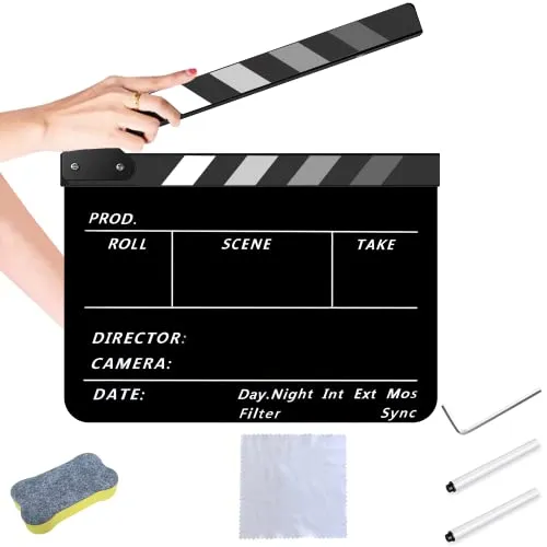 Ciak Cinematografico, 30x25cm Film Clapboard con Kit in Omaggio, Acrilico Film Clapperboard e Penna, Cinema Gadget, Accessori Regista, Cinematografico per Programmi TV, Vlog(Nero e grigio)