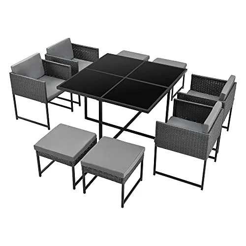 [en.casa] Set Mobili da Giardino Set Salottino Salvaspazio Composto di 1 Tavolo con Piano in Vetro, 4 Poltrone e 4 Pouf Arredo in Polyrattan per Uso Esterno con Cuscini - Grigio Scuro