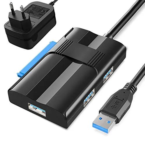 Adattatore USB 3.0 a SATA + 3*USB 3.0, Meofia Cavo SATA III II Convertitore per Hard Drive 2,5" e 3,5" Disco Rigido HDD SSD Converter con Alimentatore 12V 2A