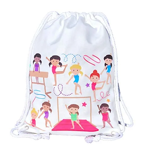 HECKBO® Sacca per Bambine, Borsa per Danza, Cotone – Sfondo Bianco, Motivo con Ginnaste – Educazione Fisica, Asilo, Scuola Materna, Gita – Borsa da Ginnastica per Bambine – 40x32cm