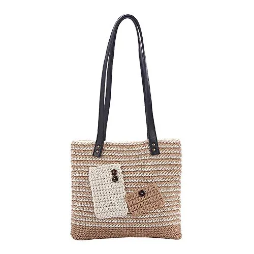 Borsa di Paglia Fatta a Mano all'Uncinetto Borsa Cotone e Filo di Lino di Colore-Blocking PU Maniglia Woven Bag Regali di Festa (Colore : True Color, Size : One Size)