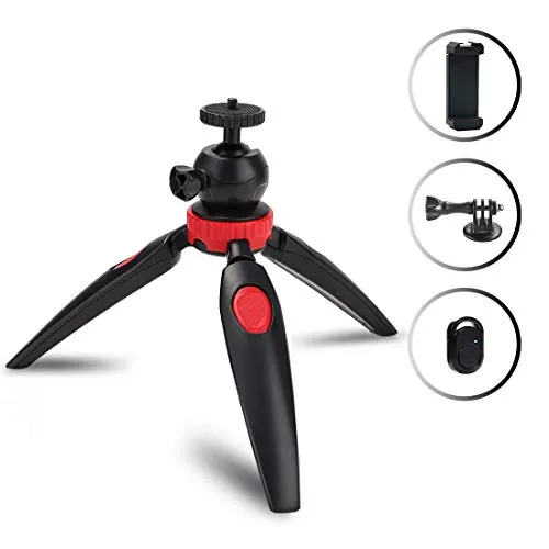 Phinistec Mini Treppiede Smartphone da Tavolo per Cellulare, iPhone, Fotocamera, Gopro con Supporto Telefono e Adattatore Gopro e Telecomando Bluetooth per Foto e Video