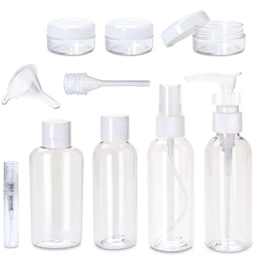 Set di Bottiglie da viaggio - 8 Flaconcini con Trousse da 1 Litro (trasparente) per Cosmetici Shampoo Gel Doccia Creme + Pipetta e Imbuto per Facilitare il Riempimento | Ideale per Bagagli a Mano