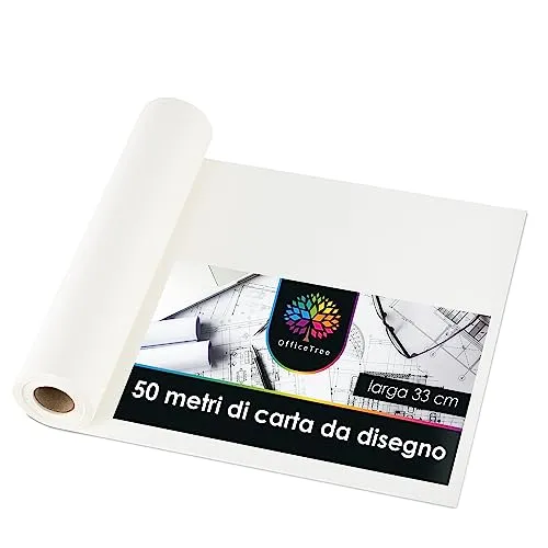 OfficeTree Rotolo carta disegno da 50 m, larghezza 33 cm - Rotolo carta bianca disegno - Qualità Premium e spessore di 40 g/m² - Carta da disegno per disegni tecnici - Carta schizzo rotolo