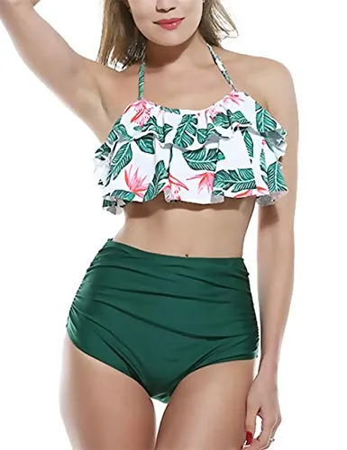 CHYU Bikini Donna Ruffle Push Up Costume da Bagno Tankini Donna Mare Costumi Vintage A Vita Alta (Verde, M)