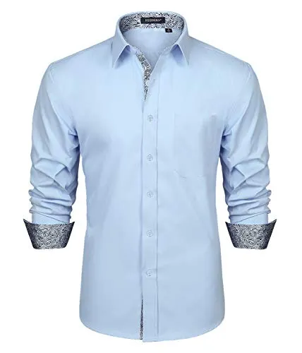 HISDERN Camicie Eleganti Azzurre per Uomo Manica Lunga Colletto Abbottonato vestibilità Regolare Camicia Classica Casual Formale Non Stirata