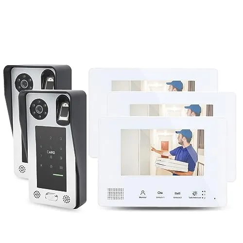 Videocitofono 2 Fili, Sistema di Campanello per Videocitofono con 3 Monitor e 2 Telecamere, Sblocco Scheda IC Con Password per Impronte Digitali 3 in 1, Video Campanello con Visione Notturna