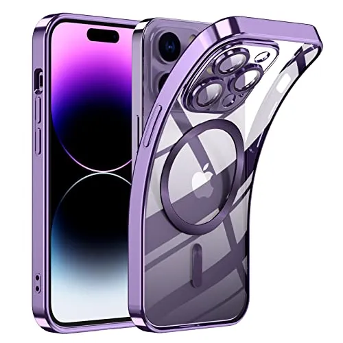 Cover Magnetica per iPhone 14 Pro Max, Custodia Comaptibile con Magsafe Trasparente Antiurto Protezione [Copertura della fotocamera] [Non ingiallente] Sottile Silicone Telefono Clear Case - Viola