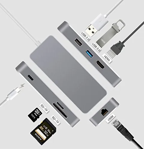 CableDeconn Thunderbolt 3 Dock HDMI Ethernet RJ45 USB tipo C HUB adattatore multiporta USB 3.0 USB C ricarica TF SD Card cavo per MacBook Pro 2017 (grigio)