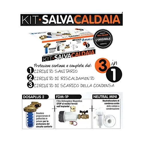Kit Salva Caldaia Atlas Filtri 3 in 1 - contiene: 1 Defangatore Magnetico + 1 Neutralizzatore Condensa Acida + 1 Dosatore Decalcificatore a sali polifosfati