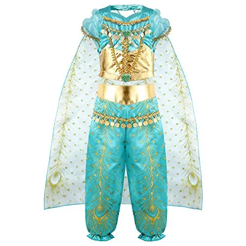 VAMEI Jasmine Costume Bambina Principessa Ragazze Costume Halloween Principessa Vestita Cosplay per 3-8 anni