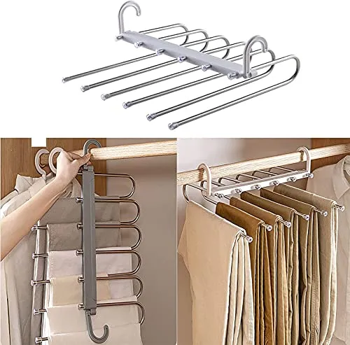 6 in 1 Acciaio Inossidabile Grucce Pantaloni, Antiscivolo Appendiabiti per Pantaloni Magici,Porta Pantaloni,Appendini Portatili Multifunzionali,Appendiabiti Multiuso,Multiuso Hanger（Bianca