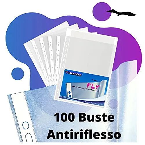 LogicaShop ® Fly Buste Trasparenti Anelli A4, Cartelline di Plastica con fori per Raccoglitore (Antiriflesso, 100 Pezzi)