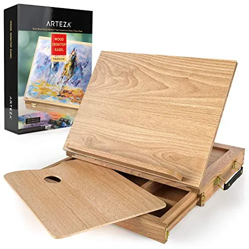 Arteza Valigetta Cavalletto in Legno da Tavolo con Cassetto Porta Colori e Tavolozza, Ideale per Sketching Portabile, Disegno e Dipingere con Tutti i Tipi di Tecniche e Colori