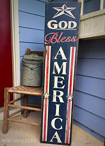 Gale66Lucy - Cartello in Legno Dio benedica America Verticale Bandiera Americana USA Patriottico, Rosso, Bianco, Blu, Decorazione Rustica per Portico