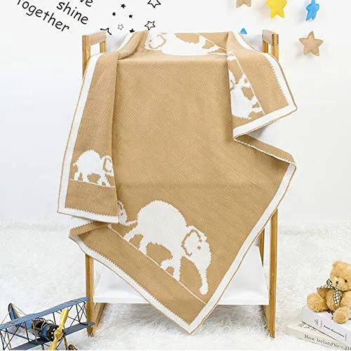 HLSUSAN Coperta per Neonato 95 x 75 cm Copertina Neonato Lana Uncinetto Motivo a Elefante 100% Cotone Morbido Traspirante Estivo Lenzuola Carrozzina Neonato Copertine Regalo per Ragazzi Ragazze,Cachi