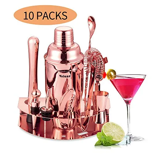 Velaze Set Shaker Cocktail, Cocktail Shaker Set Professionale Kit da Barman in Acciaio Inox SUS304, Set di Accessori da Cocktails di 10 Pezzi per Martini, Gin Tonic, Barra e Festa - Oro Rosa (850 ml)