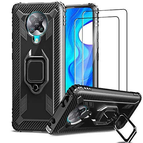 IMBZBK Compatibile con Cover Xiaomi Poco F2 PRO,【2 Pezzi】 Vetro temperato Xiaomi Poco F2 PRO,【Cavalletto per Anello di Rotazione a 360 Gradi】【Anti-Caduta】 Custodia in TPU in Silicone - Nero