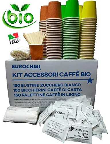 EUROCHIBI Kit Accessori caffè BIO con 150 BUSTINE di Zucchero + 150 Bicchierini di Carta + 150 PALETTINE in Legno Linea BIODEGRADABILE COMPOSTABILE RICICLABILE