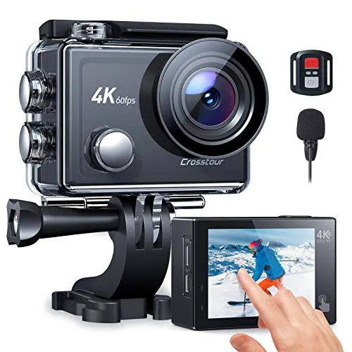 Crosstour Action Cam CT9900, Touch Screen 4K/60FPS Microfono Esterno WiFi, Videocamera Subacquea Super EIS Stabilizzata, Zoom 8X Fotocamere Impermeabile 40M con 2 Batterie 1350 mAh