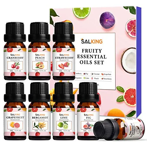 Fruttati Oli Essenziali per Diffusori 8x10ml, SALKING Set di Olio Essenziale Puri per Aromaterapia e Massaggi - Cocco, Mirtillo rosso, Pompelmo, Fragola, Pesca, Bergamotto, Lime, Fico Olio Essenziale