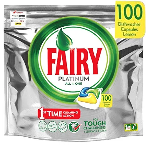 Fairy Platinum - pastiglie per lavastoviglie All-In-One 100 capsule Limone Lemon pastiglie per lavastoviglie, pastiglie detergenti in confezione risparmio.