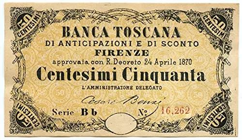 Cartamoneta.com 50 CENTESIMI Banca Toscana di ANTICIPAZIONE E Sconto Firenze 24/04/1870 SUP+