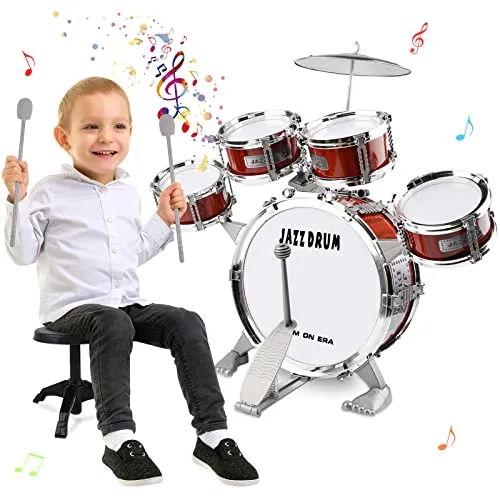 m zimoon Kit Batteria Jazz Per Bambini, 5 Tamburi Con Sgabello Pedale E Bacchette Per Principianti Strumento Musicale Percussione Giocattolo Vacanze Compleanno Regalo Educativo Per Ragazzi E Ragazze