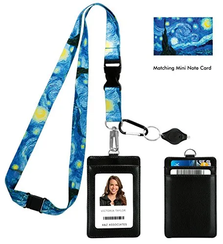 Vincent Van Gogh the Starry Night Print Lanyard con portafoglio porta badge in pelle PU con 3 tasche per schede, clip di sicurezza. Torcia portachiavi moschettone.