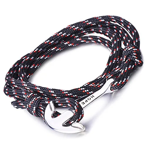 Unendlich U Hope, braccialetto intrecciato in corda di nylon, multistrato, con ciondolo a forma di ancora, confezione da 1 o da 5  e base metal, colore: Nero , cod. B2352-black