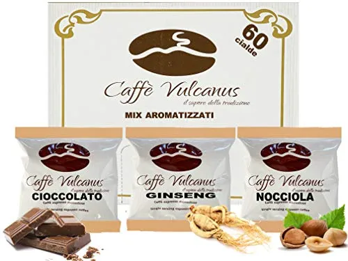 Caffè Vulcanus - Kit assaggio 60 cialde ESE44 di caffè aromatizzati - Degustazione caffè al ginseng, nocciola e cioccolato