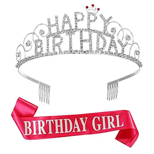 Compleanno Ragazza Tiara Corona, Birthday Girl Corona Tiara Strass Cristallo Gioielli per Capelli Birthday Girl Fascia Sash Rosa Rossa