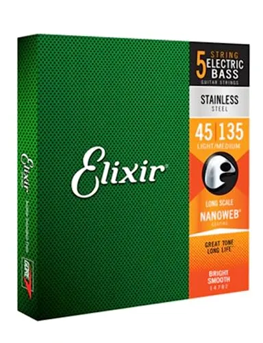 Corde per basso a 5 corde in acciaio inossidabile Elixir® Strings con rivestimento NANOWEB®, Long Scale, Light/Medium (.045-.135)