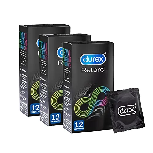 Durex Retard, Preservativi ad Azione Ritardante Lubrificati con Benzocaina 5% (56mm), 36 Profilattici, Forma Easy-On, 3 Confezioni