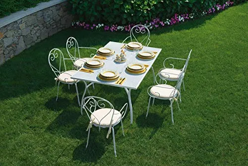 Gruppo Maruccia Set Pranzo per Esterni in Ferro Antiruggine Avorio Shabby Chic Tavolo 6 Posti per Esterni con Sedie