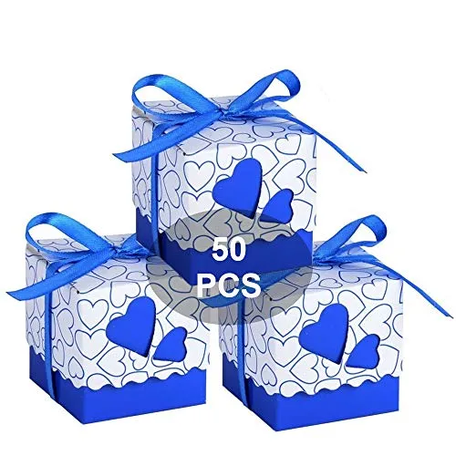 WADY Bomboniere Scatola Cuore Portaconfetti Porta Confetti Segnaposto Regalo con Il Nastro Raso 50pz (Bluette)