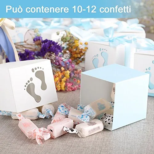 50Pz Scatoline Portaconfetti Scatole Bomboniere Scatole Portaconfetti con 50 x Nastri per Anniversario di Matrimonio Battesimo Compleanno ecc-Azzurro