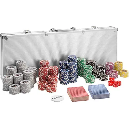 TecTake 402559 Set da Poker con Fiches Laser Chips e Valigetta da Alluminio, 500 Pezzi, incl. 5 Dadi + 2 Mazzi di Carte + 1 Bottone del Mazziere, Argento