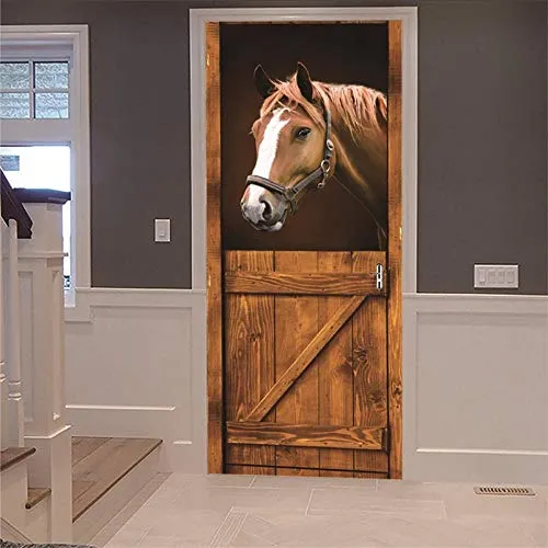 3D Porta Murale Cavallo marrone, casetta per cavalli Poster Adesivi per porte 3D in PVC Adesivo per Porta, Home Decorazione Pellicola Decorativa Carta Autoadesiva Cameretta,77x200cm.