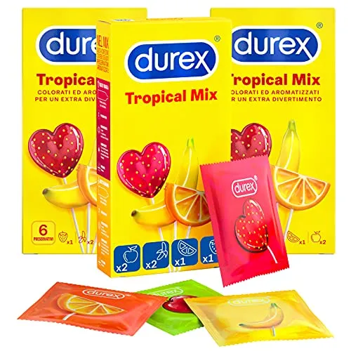 3x Durex Tropical Mix Preservativi Colorati e Aromatizzati alla Frutta Scatole da 6 Pezzi Ognuna - 18 Profilattici